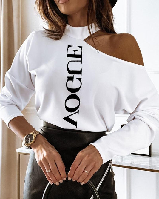 Letter Print Cold Shoulder Long Sleeve Tee