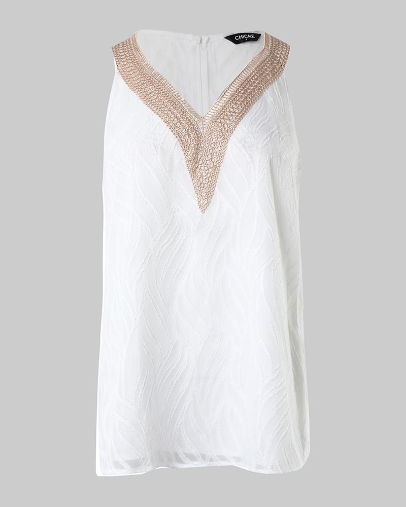 Contrast Lace Leaf Pattern V Neck Tank Top