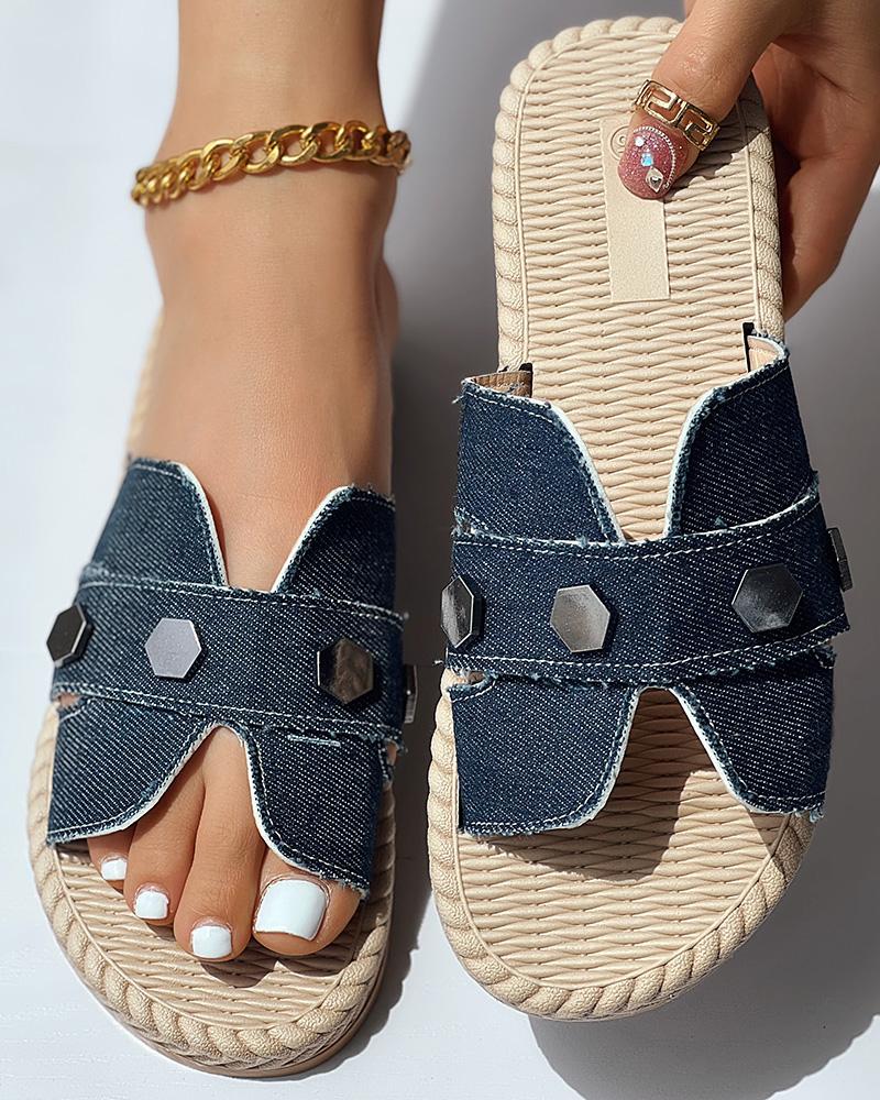 Metal Decor Hollow Out Denim Beach Slippers