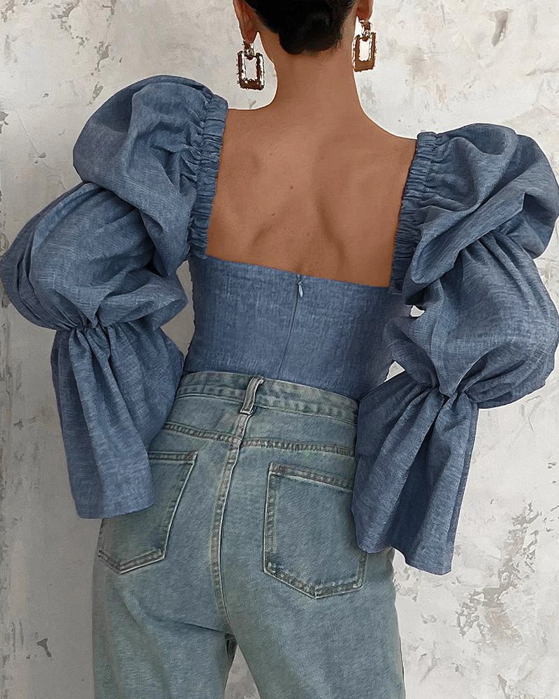 Button Detail Ruched Puff Bell Sleeve Top