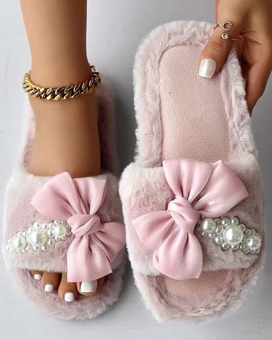 Fuzzy Bowknot Pearls Decor Slippers