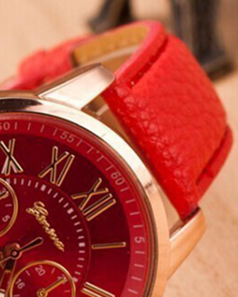 1pc Leather Band Quartz Watch