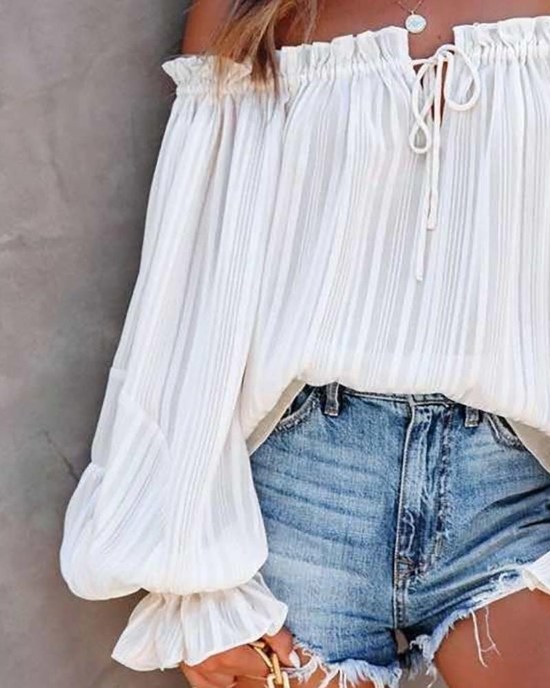 Off Shoulder Frill Hem Lantern Sleeve Top