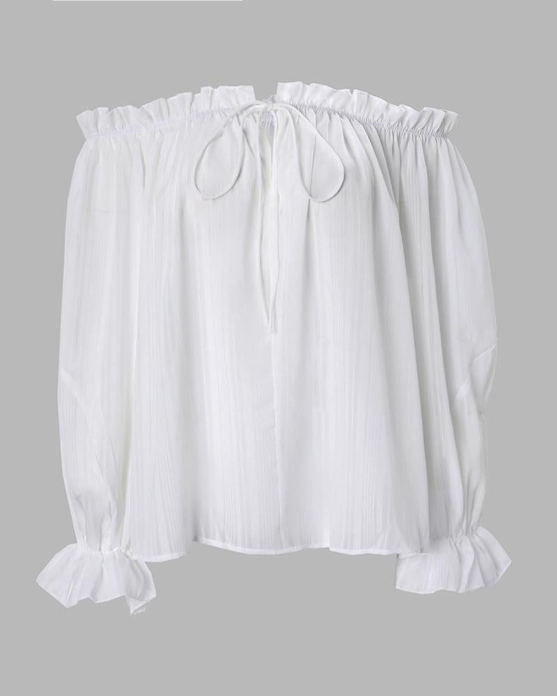 Off Shoulder Frill Hem Lantern Sleeve Top