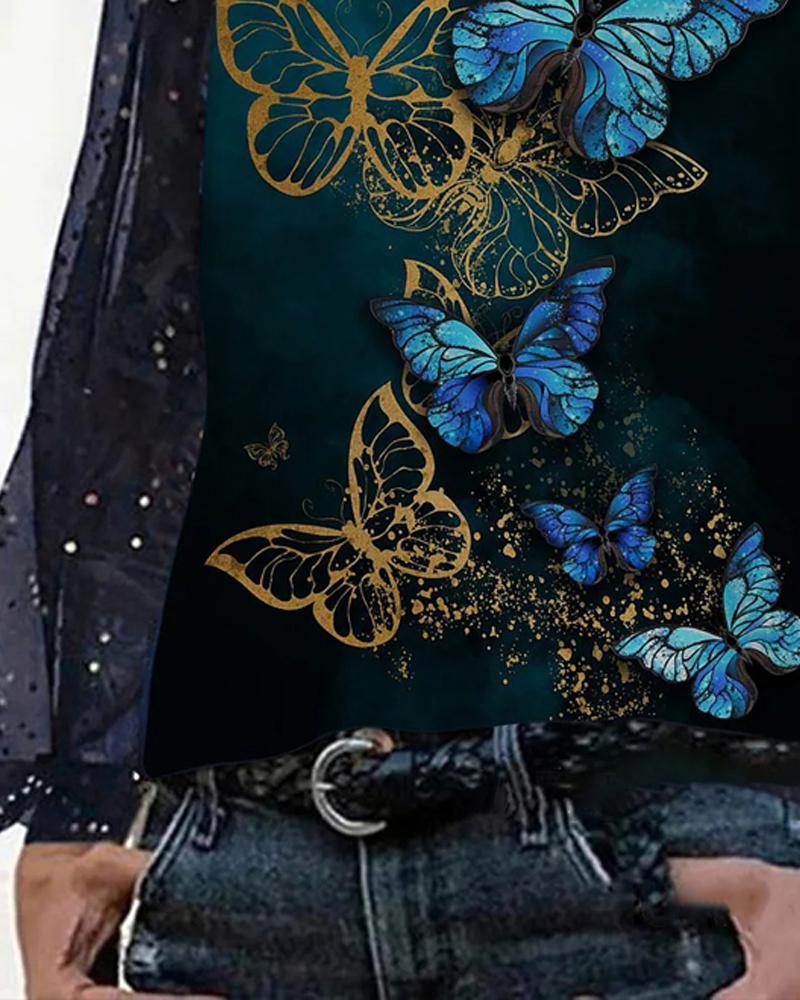 Butterfly Print Contrast Mesh Long Sleeve Top