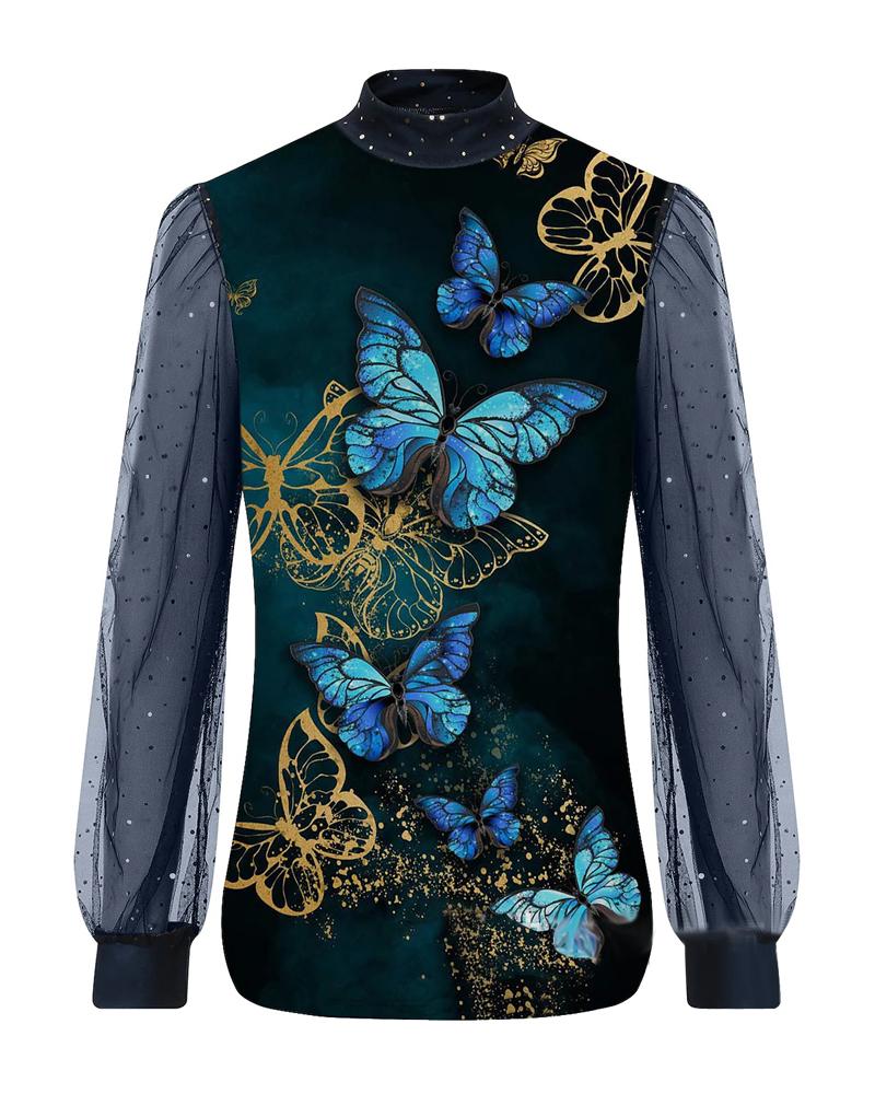 Butterfly Print Contrast Mesh Long Sleeve Top