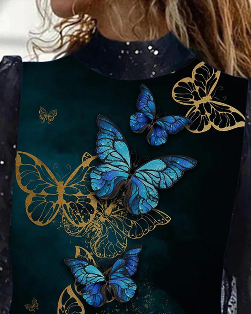 Butterfly Print Contrast Mesh Long Sleeve Top