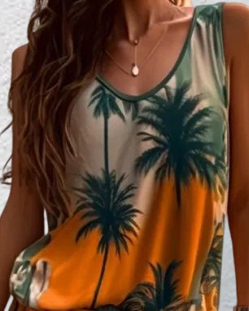 Ombre Coconut Tree Print Round Neck Tank Top