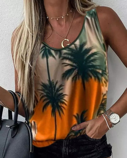 Ombre Coconut Tree Print Round Neck Tank Top