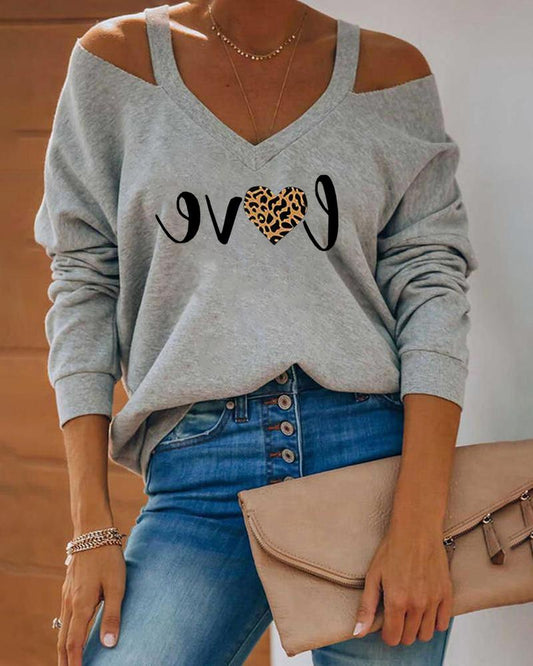 Letter Heart Print Cold Shoulder Casual Top