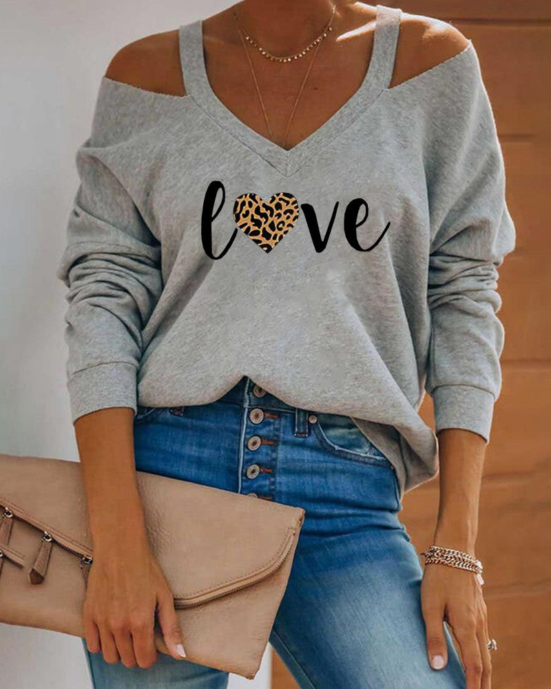 Letter Heart Print Cold Shoulder Casual Top