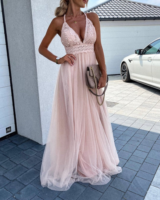 Crisscross Backless Crochet Lace Mesh Prom Dress