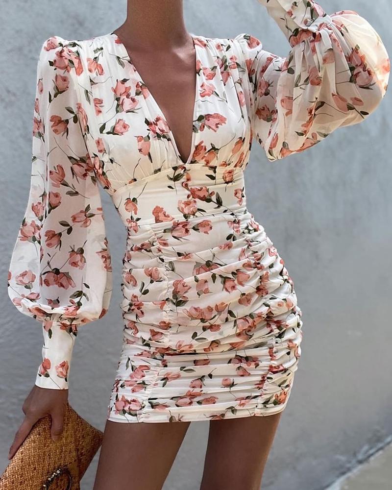 Puff Lantern Sleeve Ruched Floral Print Dress