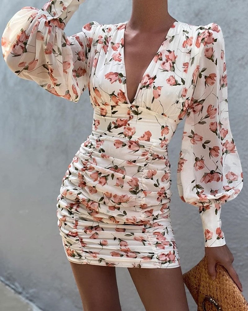 Puff Lantern Sleeve Ruched Floral Print Dress