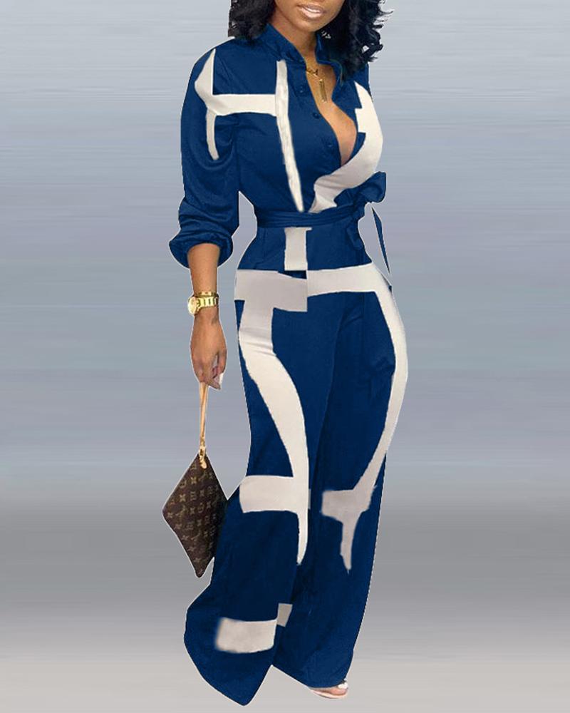 Abstract Print Pocket Decor Long Sleeve Jumpsuit With Belt