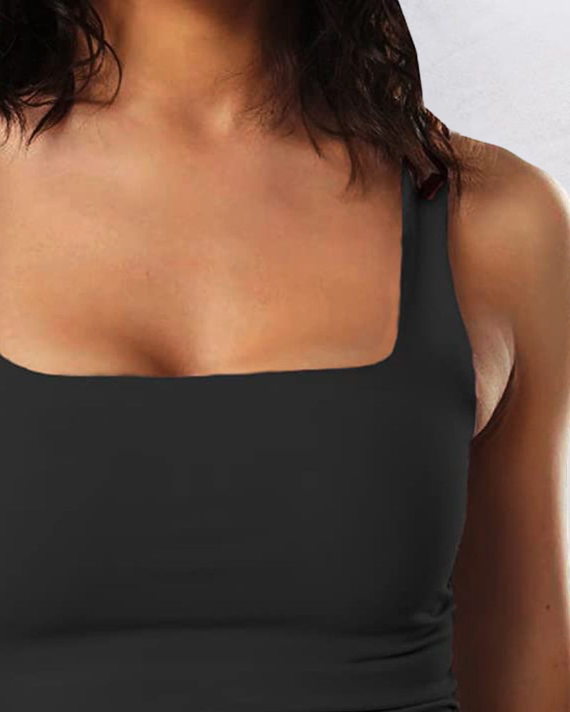 Thin Strap Square Neck Double Layer Workout Fitness Crop Tank Top