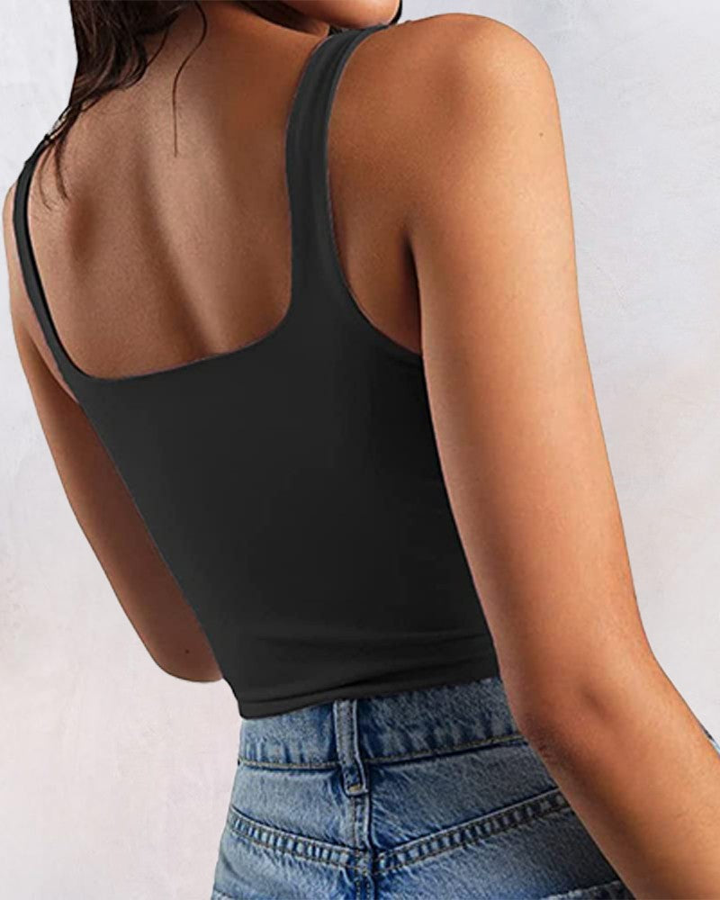 Thin Strap Square Neck Double Layer Workout Fitness Crop Tank Top