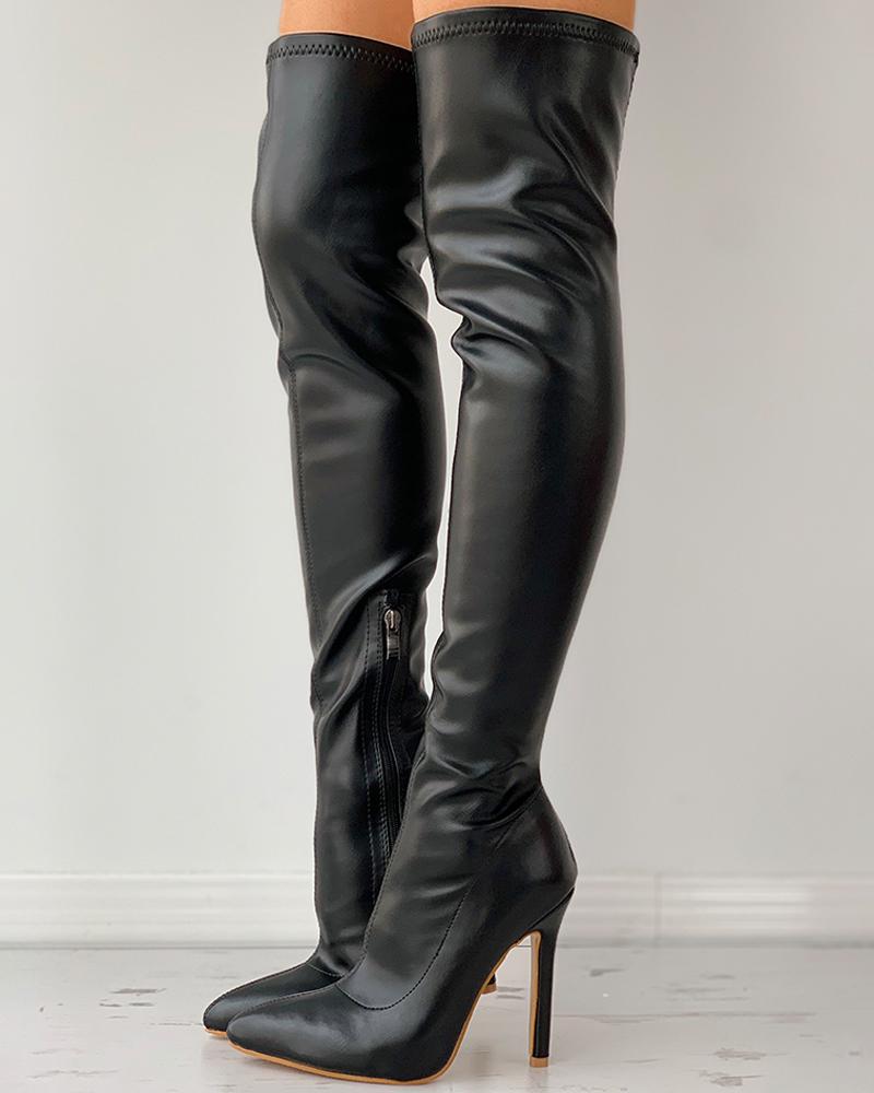 Pointed Toe Zipper Design Stiletto Heeled Over The Knee Boots