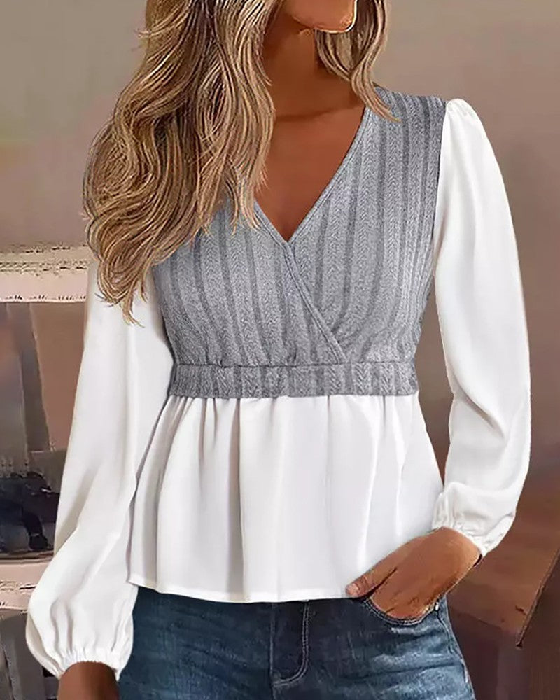 Colorblock V Neck Patchwork Knit Top