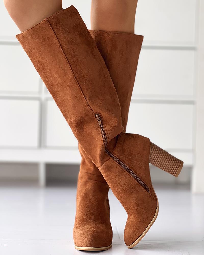 Chunky Heel Side Zip Calf Boots