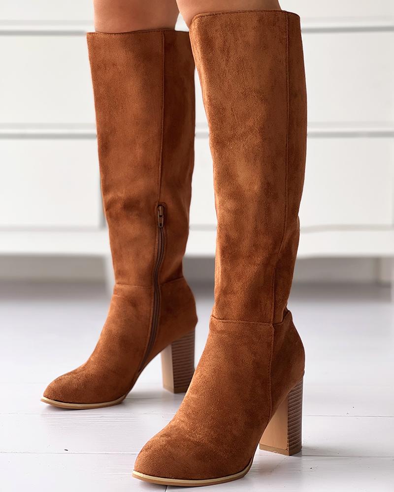 Chunky Heel Side Zip Calf Boots