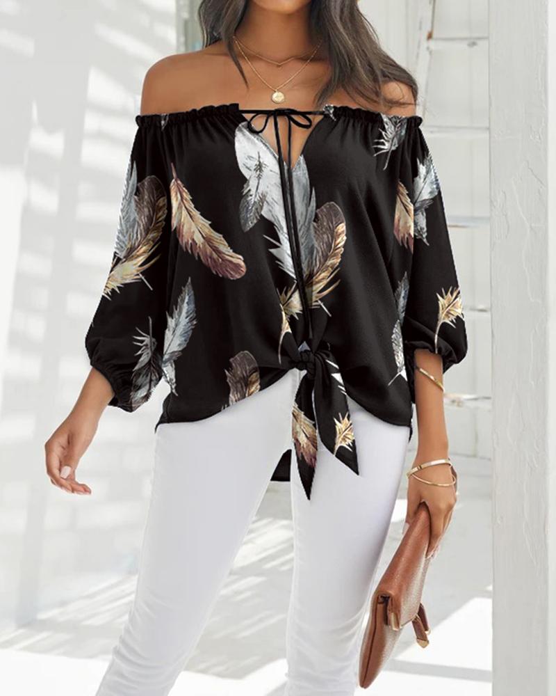 Feather Print Tied Detail Off Shoulder Top