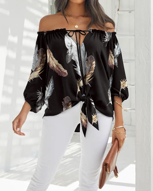 Feather Print Tied Detail Off Shoulder Top