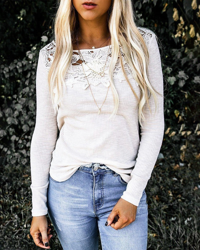 Cutout Guipure Lace Long Sleeve Casual Top