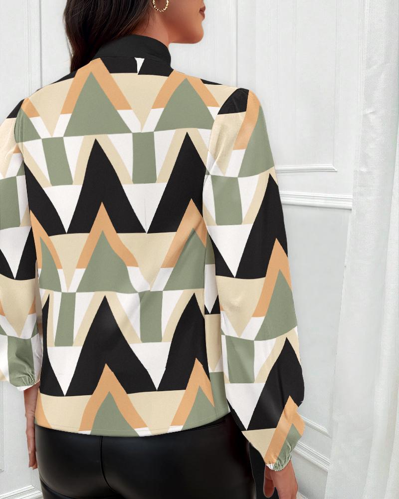 Geometric Print Colorblock Tie Neck Top