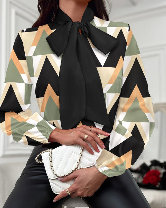 Geometric Print Colorblock Tie Neck Top