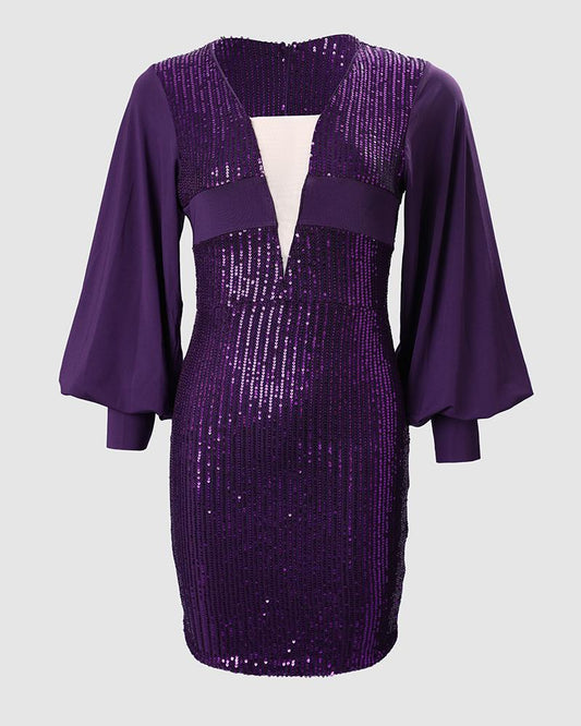 Sheer Mesh Plunge Sequin Dress