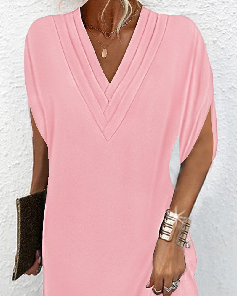 Half Sleeve V Neck Ruched Casual Dress