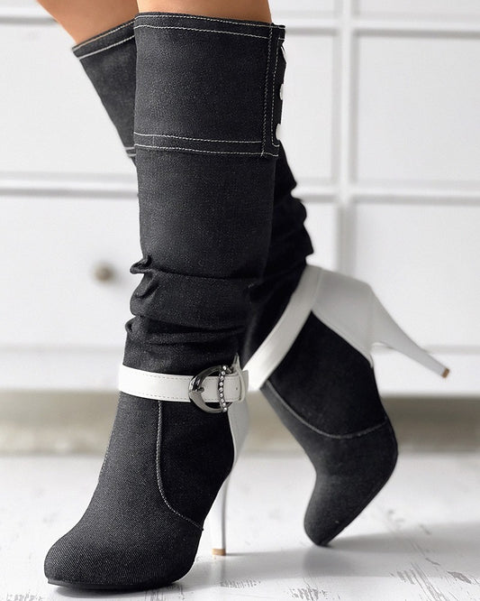 Denim Buckled Stiletto Heel Boots