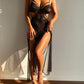 Backless Split Thigh Sheer Mesh Lace Babydoll With Thong
