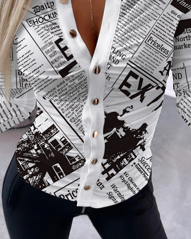 Newspaper Print Ruched Buttoned Long Sleeve Top