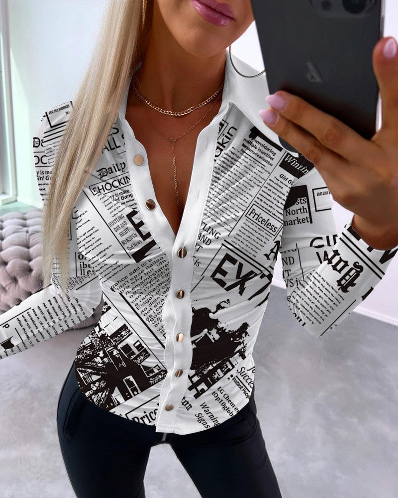 Newspaper Print Ruched Buttoned Long Sleeve Top