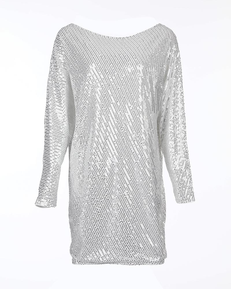 Slash Neck Batwing Sleeve Allover Sequins Dress