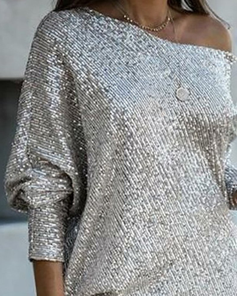 Slash Neck Batwing Sleeve Allover Sequins Dress