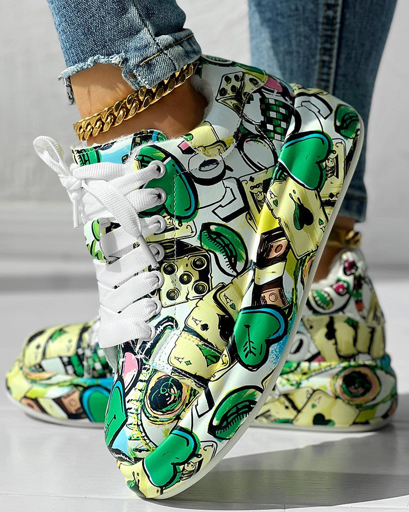 Cartoon Graphic Letter Lace up Lined Sneakers