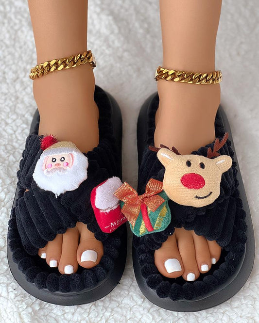 Christmas Cartoon Elk Santa Pattern Cross Strap Winter Slippers