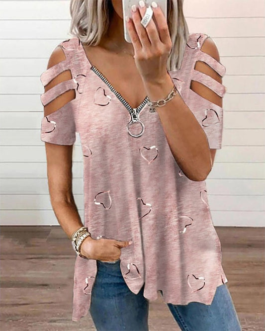 Heart Print Ladder Cutout Zip Front Top