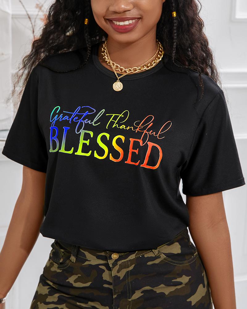 Grateful Thankful Blessed Ombre Letter Print Casual T shirt