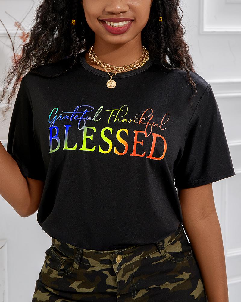 Grateful Thankful Blessed Ombre Letter Print Casual T shirt