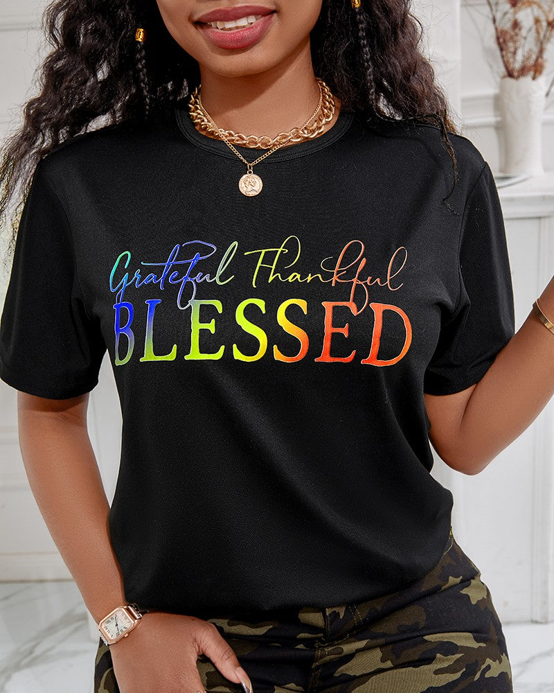 Grateful Thankful Blessed Ombre Letter Print Casual T shirt