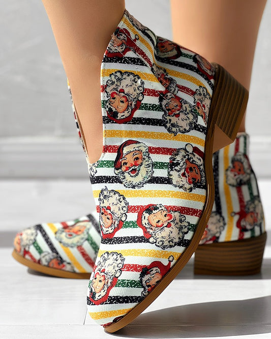 Christmas Santa Print Striped Ankle Boots