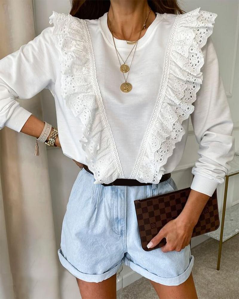 Layered Ruffles Eyelet Embroidery Long Sleeve Top