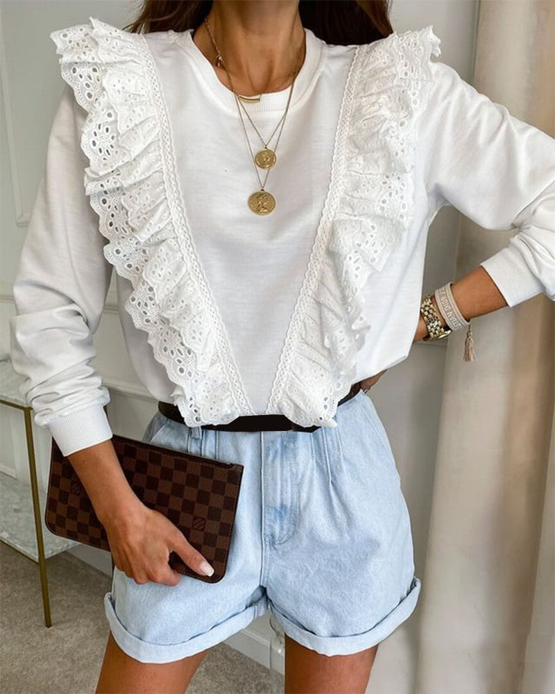 Layered Ruffles Eyelet Embroidery Long Sleeve Top