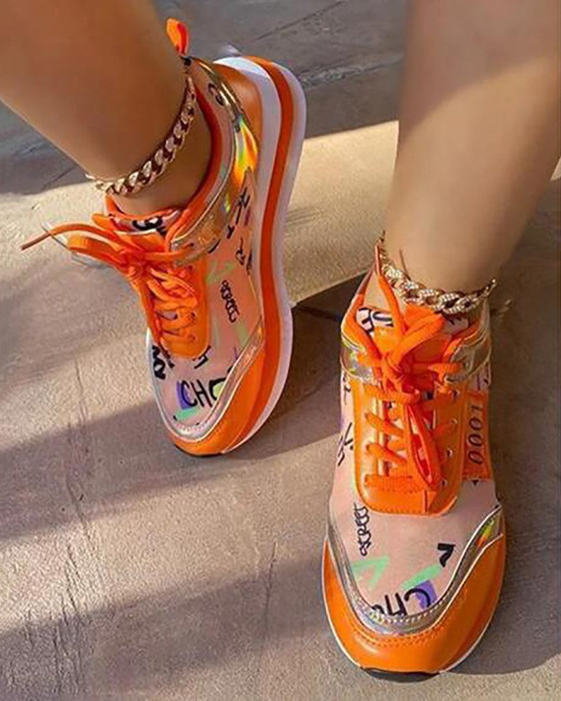 Lace up Letter Graphic Pattern Muffin Sneakers