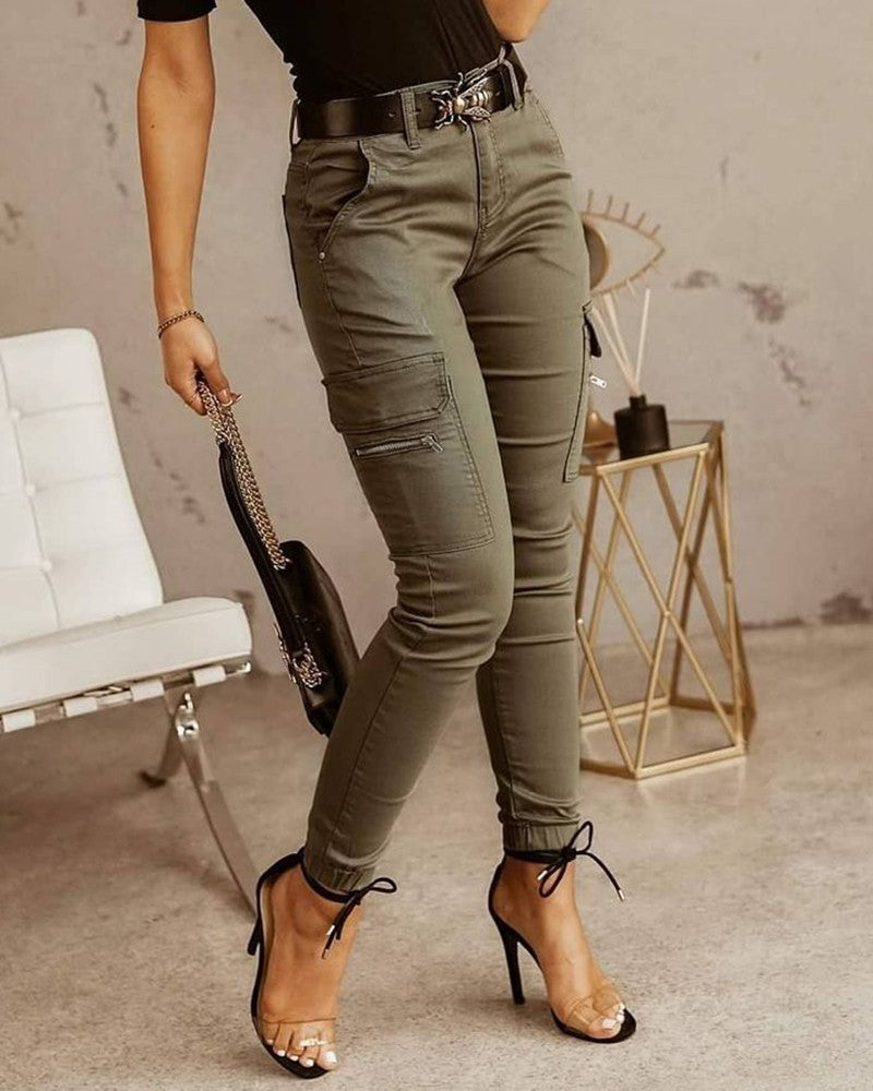 Zipper Pocket Design Casual Pants Without Belt