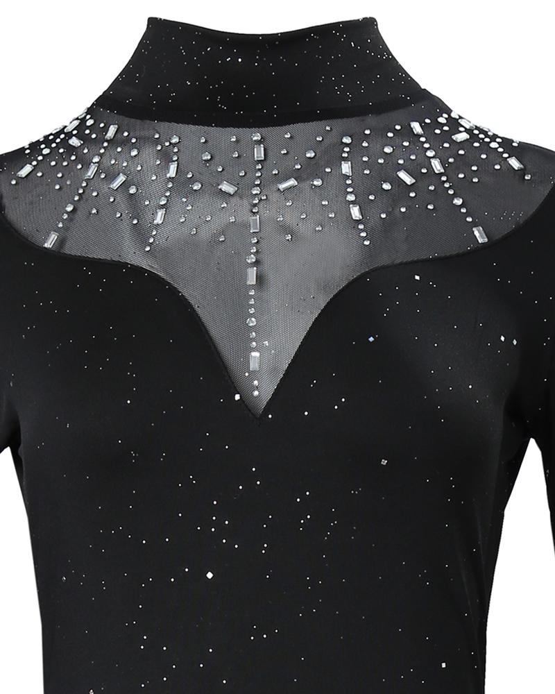 Rhinestone Contrast Mesh Long Sleeve Glitter Bodycon Dress